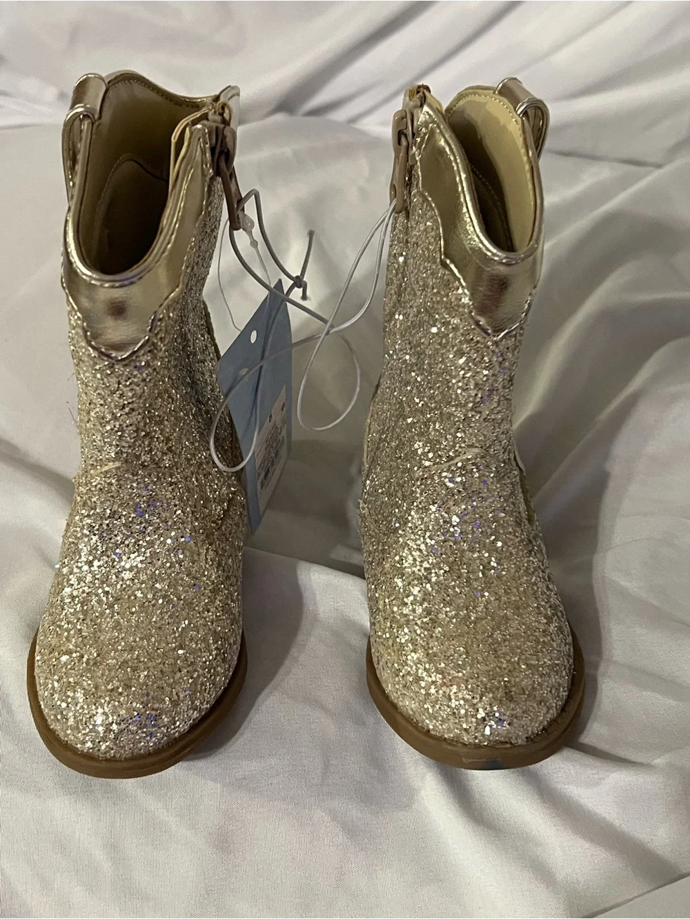 Cat & Jack Gold Glitter Heart Cowboy Boots with Pink Hearts